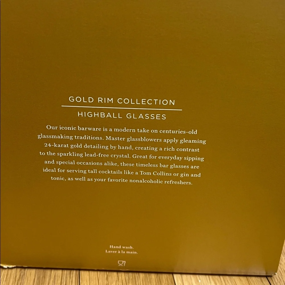 NEW Williams Sonoma Clear Highball Glasses with 24k Gold Rim detail, Set of 4